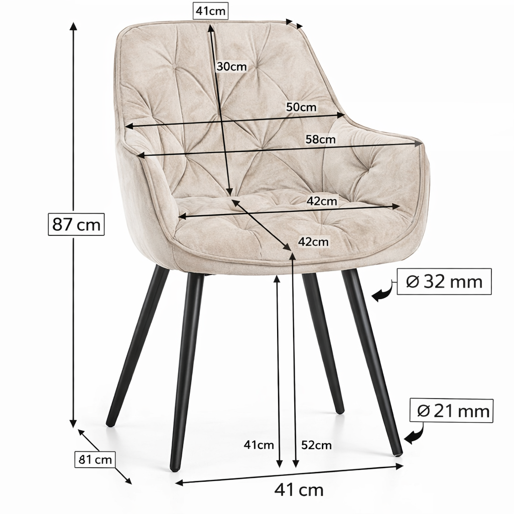 Krzesło welurowe pikowane | Jasnobeżowe złote nogi wymiary_krzesla_b