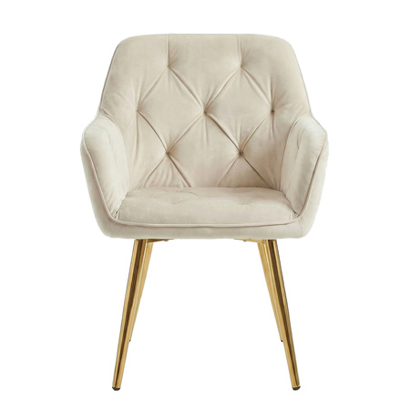 Krzesło welurowe pikowane | Jasnobeżowe złote nogi