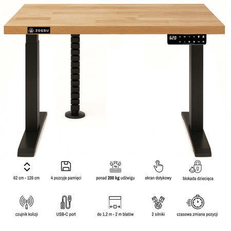 Biurko elektryczne dębowe 120x80x3 | 200 kg | 100% Dąb naturalny