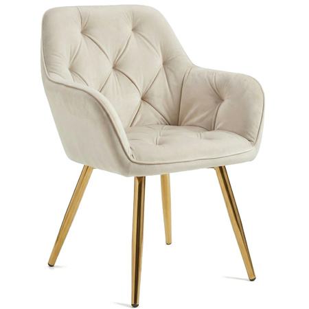 Krzesło welurowe pikowane | Jasnobeżowe złote nogi