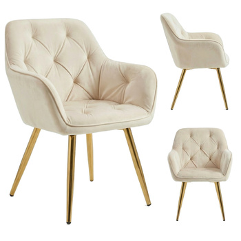 Krzesło welurowe pikowane | Jasnobeżowe złote nogi