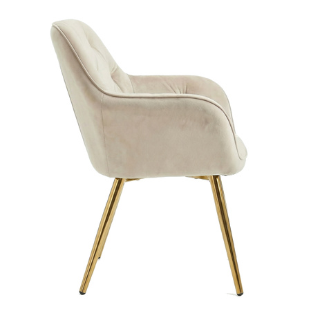 Krzesło welurowe pikowane | Jasnobeżowe złote nogi