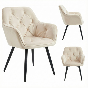 Krzesło welurowe pikowane | Jasnobeżowe czarne nogi